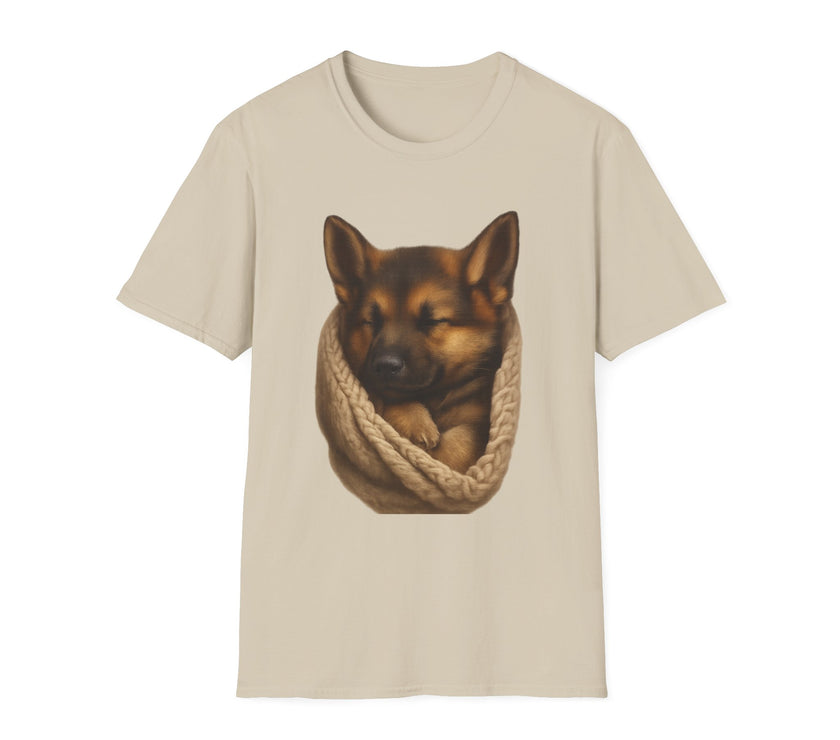 Beige t-shirt with a dog design on a white background