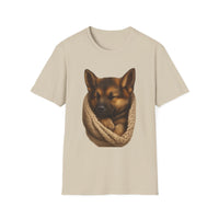 Beige t-shirt with a dog design on a white background