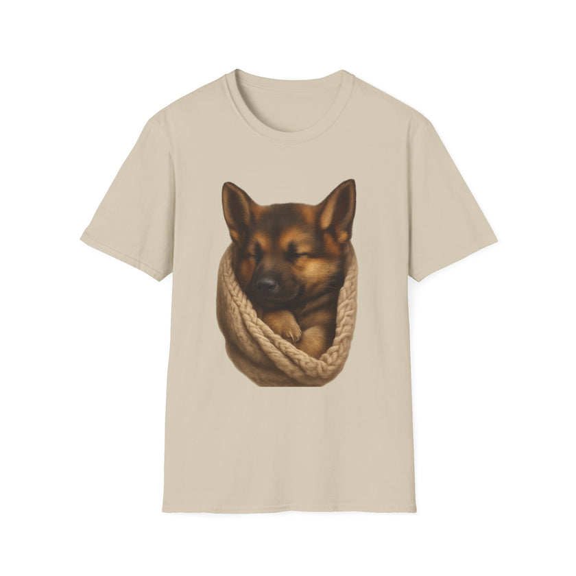 Beige t-shirt with a dog design on a white background