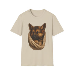 Beige t-shirt with a dog design on a white background