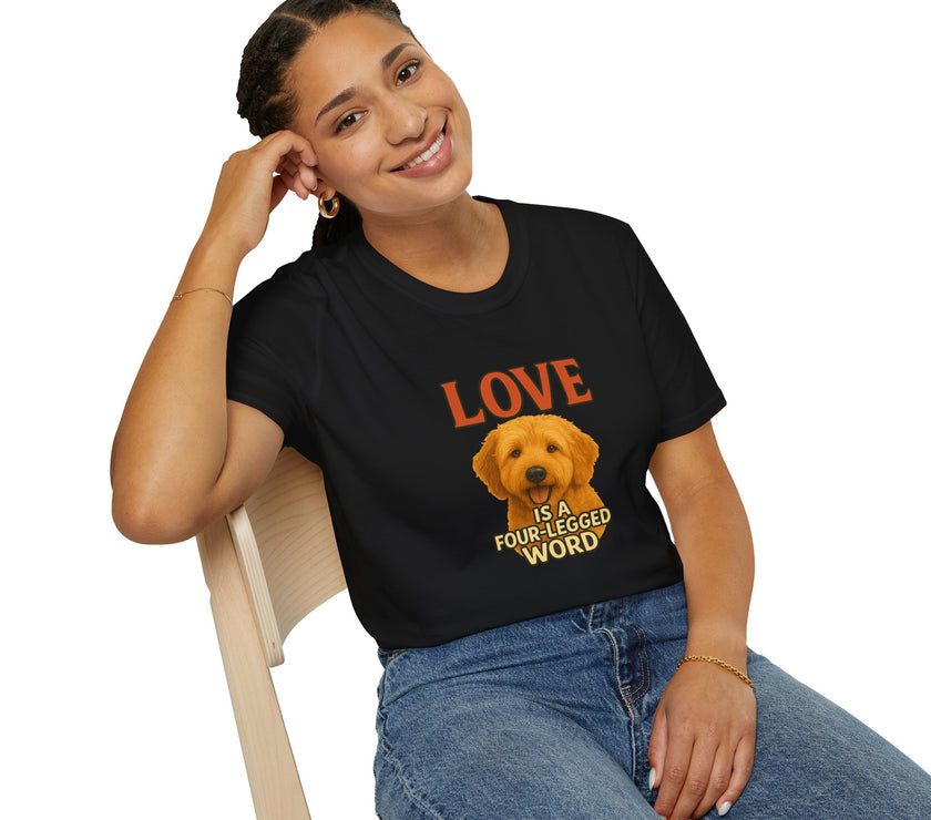 Woman wearing a black t-shirt with a dog graphic and text, sitting on a chair.