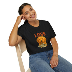 Woman wearing a black t-shirt with a dog graphic and text, sitting on a chair.