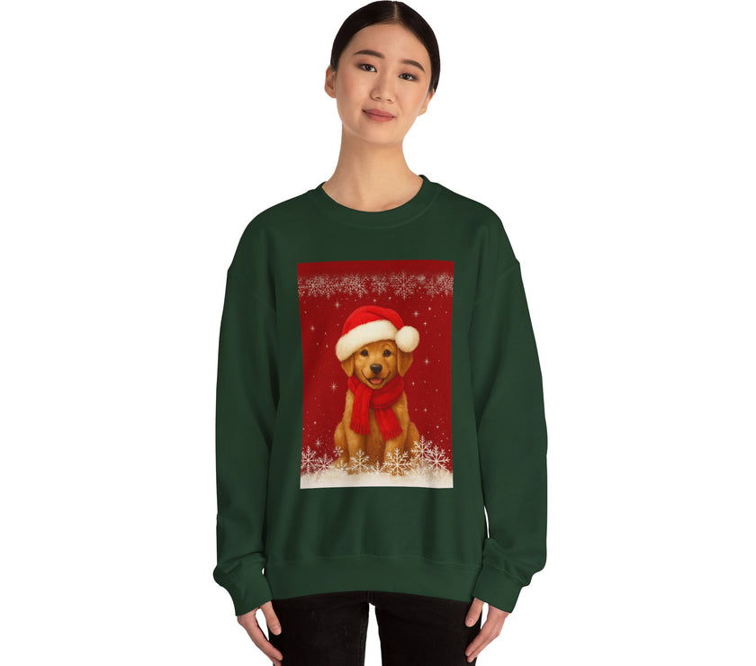 Person wearing a green sweatshirt with a Christmas-themed dog design on a white background