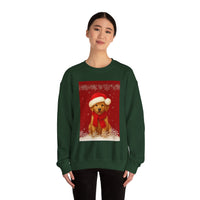 Person wearing a green sweatshirt with a Christmas-themed dog design on a white background