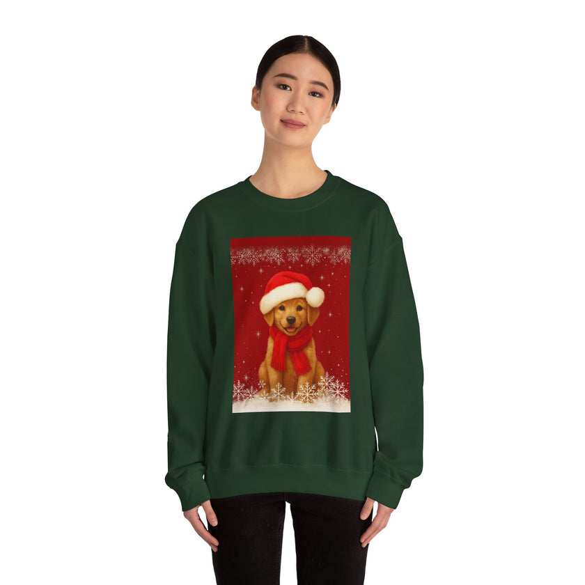 Person wearing a green sweatshirt with a Christmas-themed dog design on a white background