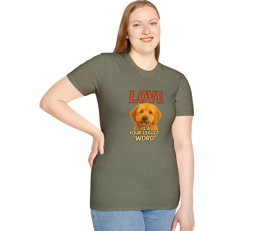 Person wearing a green t-shirt with a dog graphic and text on a white background