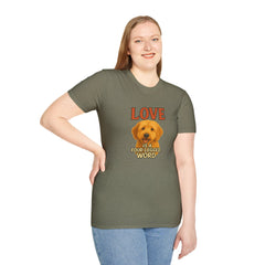 Person wearing a green t-shirt with a dog graphic and text on a white background