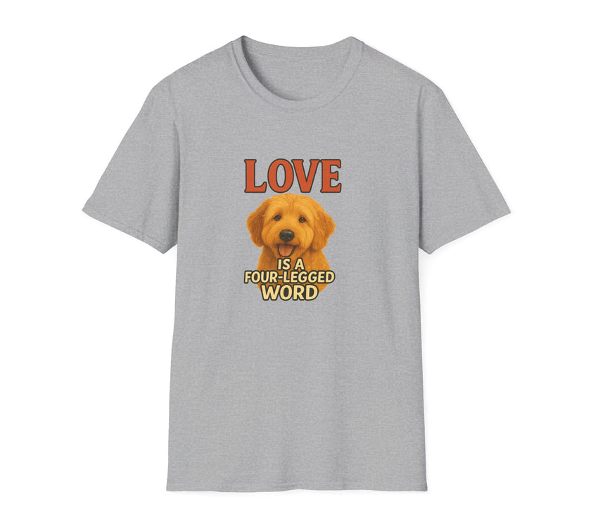 Gray t-shirt with a dog graphic and text on a white background