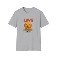 Gray t-shirt with a dog graphic and text on a white background