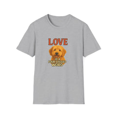 Gray t-shirt with a dog graphic and text on a white background