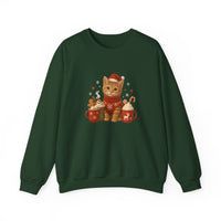 Green sweatshirt with a festive cat design on a white background