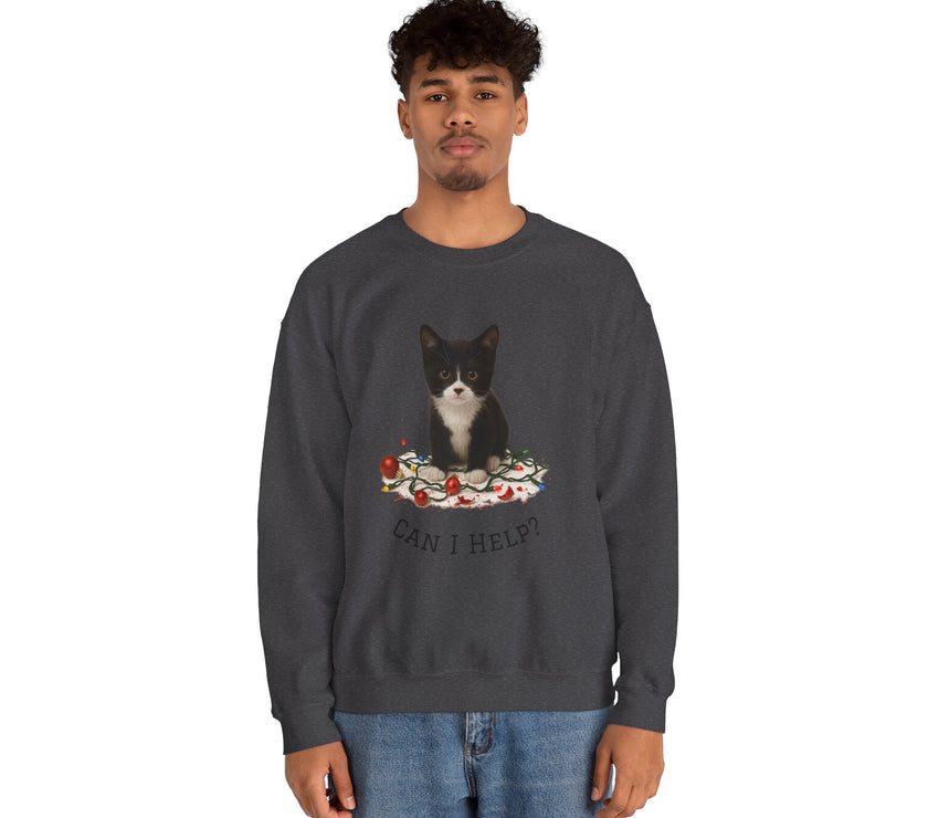 Person wearing a dark gray sweatshirt with a cat graphic and text on a white background