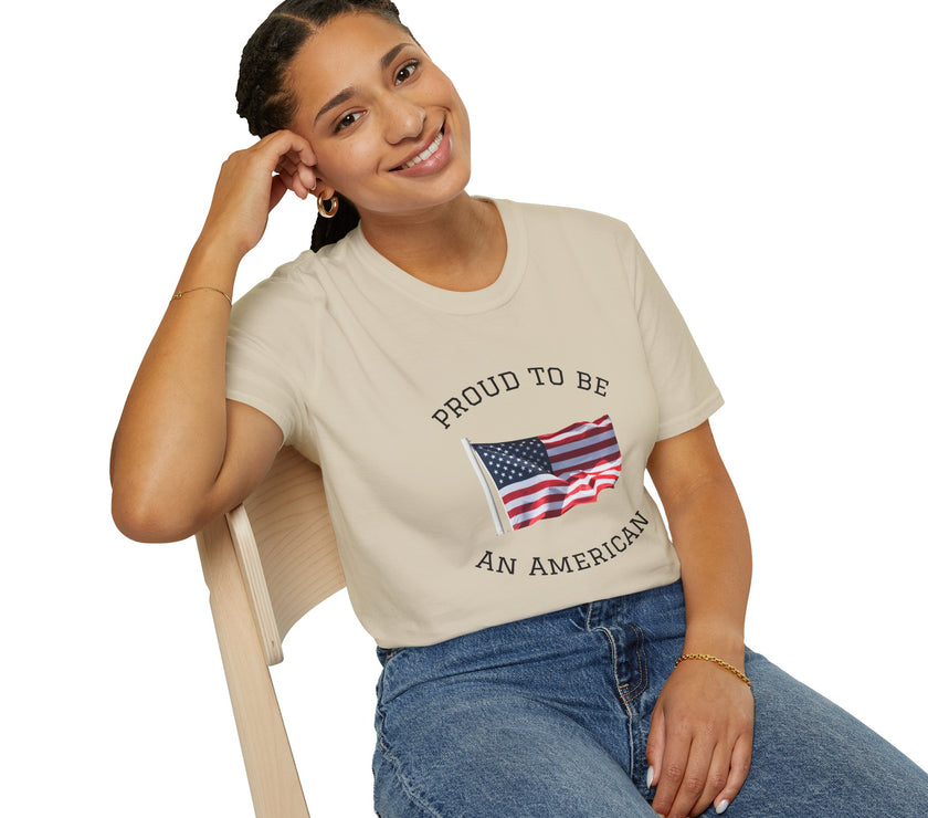 Smiling woman  wearing a white t-shirt with an American flag graphic and the words 'Proud to Be an American' printed around the flag