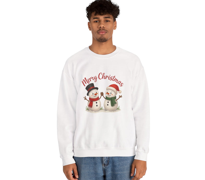 Person wearing a white sweatshirt with Christmas-themed design on a white background