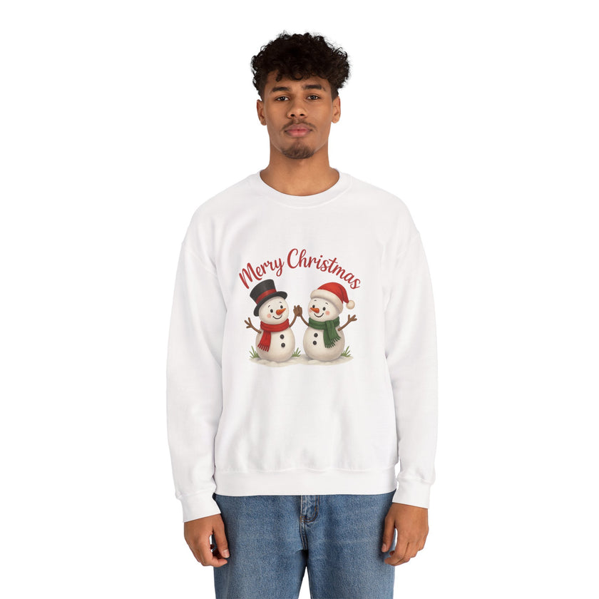 Person wearing a white sweatshirt with Christmas-themed design on a white background