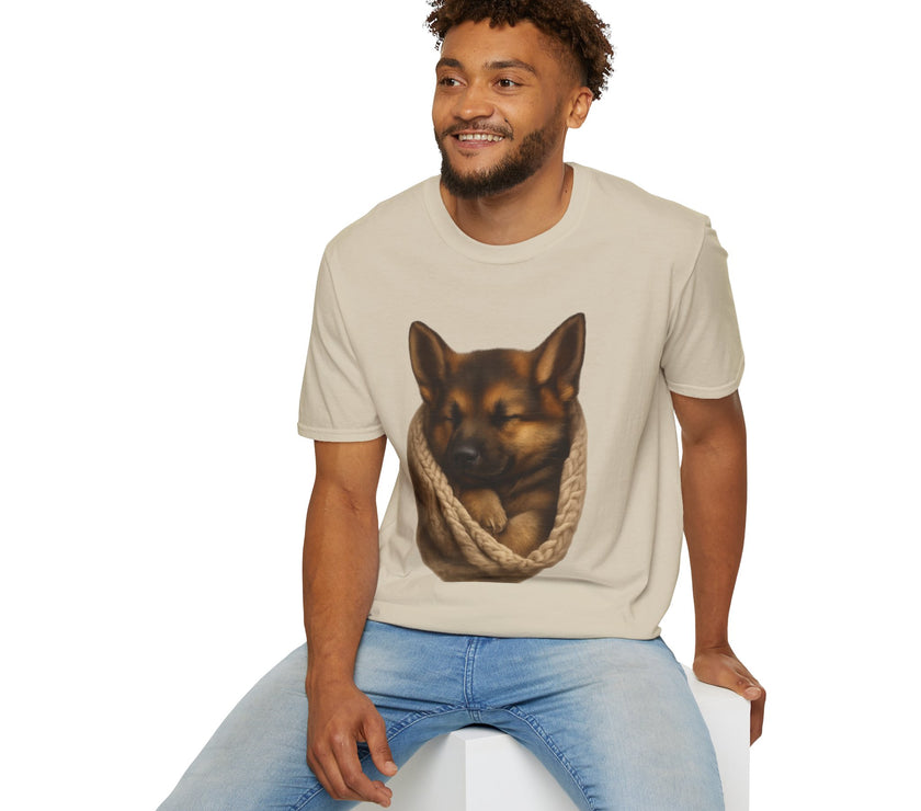 Man wearing a beige t-shirt with a dog graphic on a white background