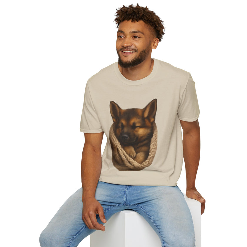 Man wearing a beige t-shirt with a dog graphic on a white background