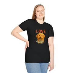 Person wearing a black t-shirt with a dog graphic and text on a white background