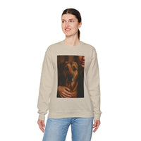 Person wearing a beige sweatshirt with a dog graphic on a white background