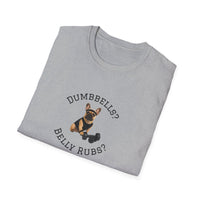 Folded gray t-shirt with a dog graphic and text on a white background
