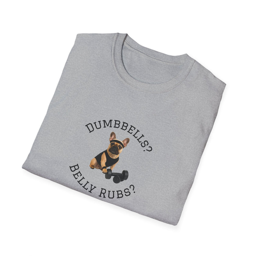 Folded gray t-shirt with a dog graphic and text on a white background