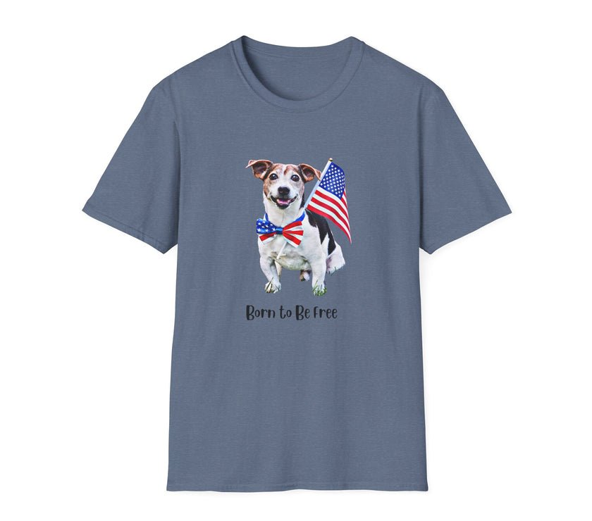T-shirt featuring a cute  puppy wearing an American flag bow tie and holding a small U.S. flag, with the phrase 'Born to Be Free' printed below the image.