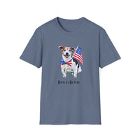T-shirt featuring a cute  puppy wearing an American flag bow tie and holding a small U.S. flag, with the phrase 'Born to Be Free' printed below the image.
