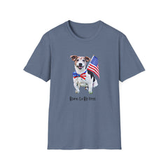 T-shirt featuring a cute  puppy wearing an American flag bow tie and holding a small U.S. flag, with the phrase 'Born to Be Free' printed below the image.