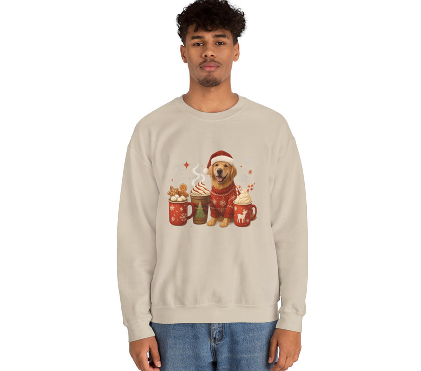 Man wearing a beige sweatshirt with a Christmas-themed design of a dog and hot drinks on a white background.