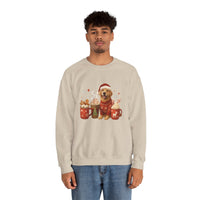 Man wearing a beige sweatshirt with a Christmas-themed design of a dog and hot drinks on a white background.