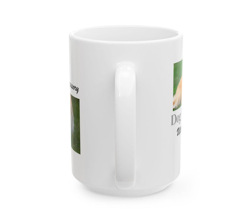 White ceramic mug featuring a photo of dogs lying on grass, with the humorous quote "Dog Hair: The Ultimate Accessory" printed below the image.