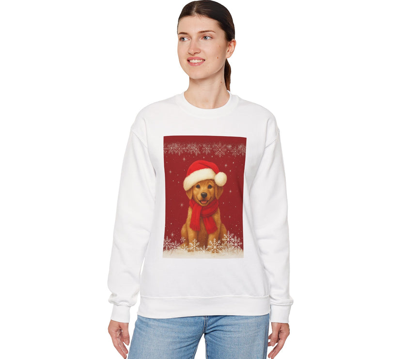 Person wearing a white sweatshirt with a Christmas-themed dog graphic on a white background