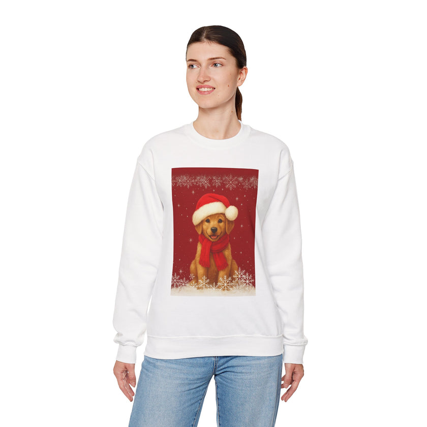 Person wearing a white sweatshirt with a Christmas-themed dog graphic on a white background