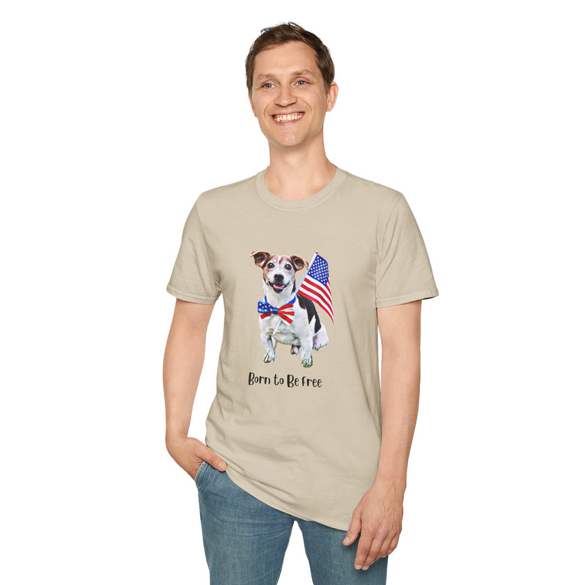 Male wearing T-shirt featuring a cute golden doodle puppy wearing an American flag bow tie and holding a small U.S. flag, with the phrase 'Born to Be Free' printed below the image.