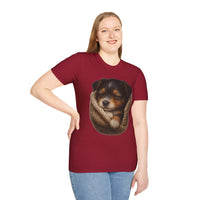 Person wearing a maroon t-shirt with a dog graphic on a white background