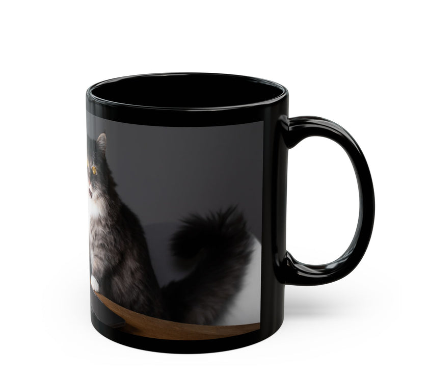 Black ceramic mug featuring a cartoon-style image of a cat sitting at a computer with the funny quote “I work hard so my cat can have a better life.”
