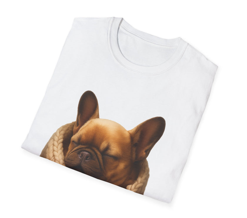 White t-shirt with a brown dog graphic on a white background