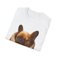 White t-shirt with a brown dog graphic on a white background