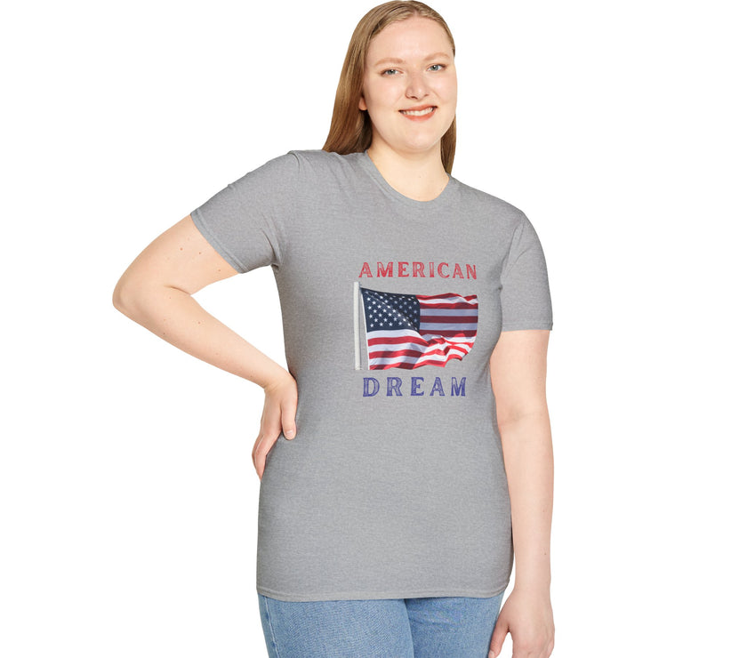 Female wearing T-shirt featuring an American flag graphic with the words 'AMERICAN DREAM' in red and blue text above and below the flag