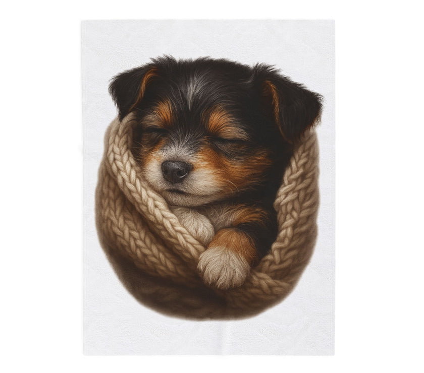 Blanket with Puppy wrapped in a knitted blanket on a white 