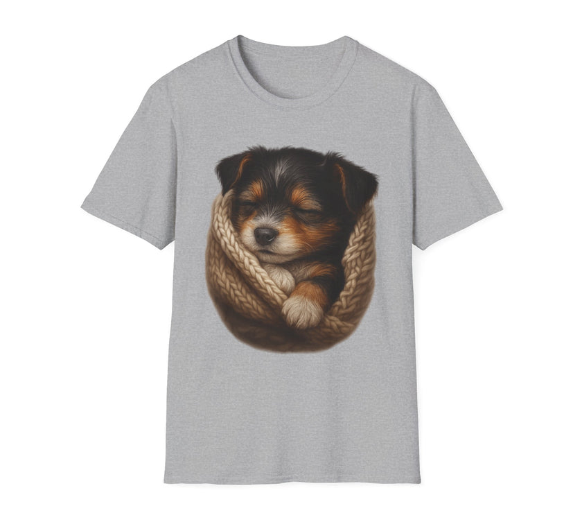 Gray t-shirt with a graphic of a puppy wrapped in a knitted blanket on a white background