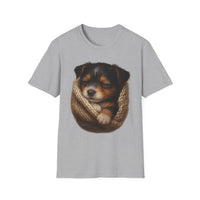 Gray t-shirt with a graphic of a puppy wrapped in a knitted blanket on a white background
