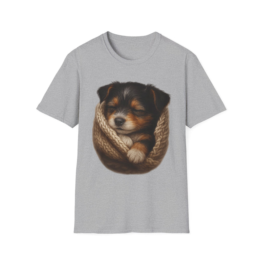 Gray t-shirt with a graphic of a puppy wrapped in a knitted blanket on a white background