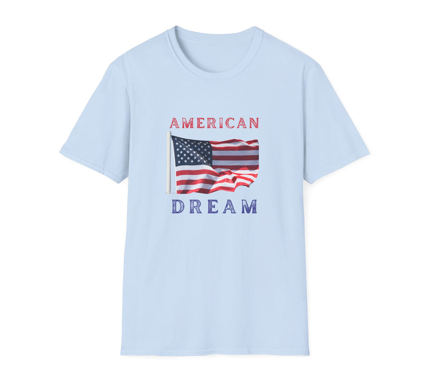 T-shirt featuring an American flag graphic with the words 'AMERICAN DREAM' in red and blue text above and below the flag