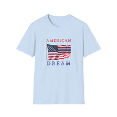 T-shirt featuring an American flag graphic with the words 'AMERICAN DREAM' in red and blue text above and below the flag