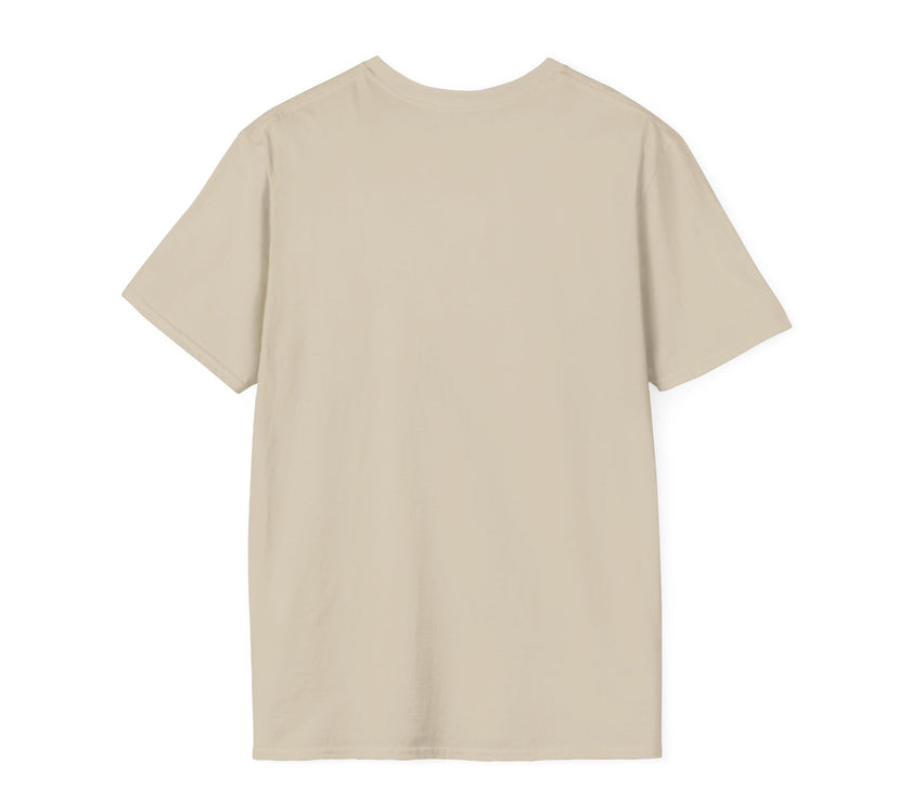 Sand adult T-shirt with a printed image of a dog and the humorous text 'Dumbbells? Belly Rubs?', designed for dog lovers and fitness enthusiasts.  Back view