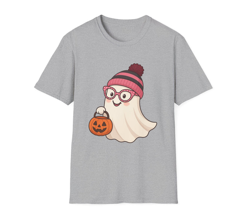Gray t-shirt with a ghost wearing glasses and a beanie holding a pumpkin design on a white background.