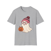 Gray t-shirt with a ghost wearing glasses and a beanie holding a pumpkin design on a white background.