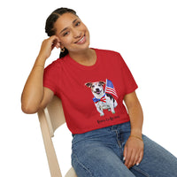 Female wearing T-shirt featuring a cute  puppy wearing an American flag bow tie and holding a small U.S. flag, with the phrase 'Born to Be Free' printed below the image.