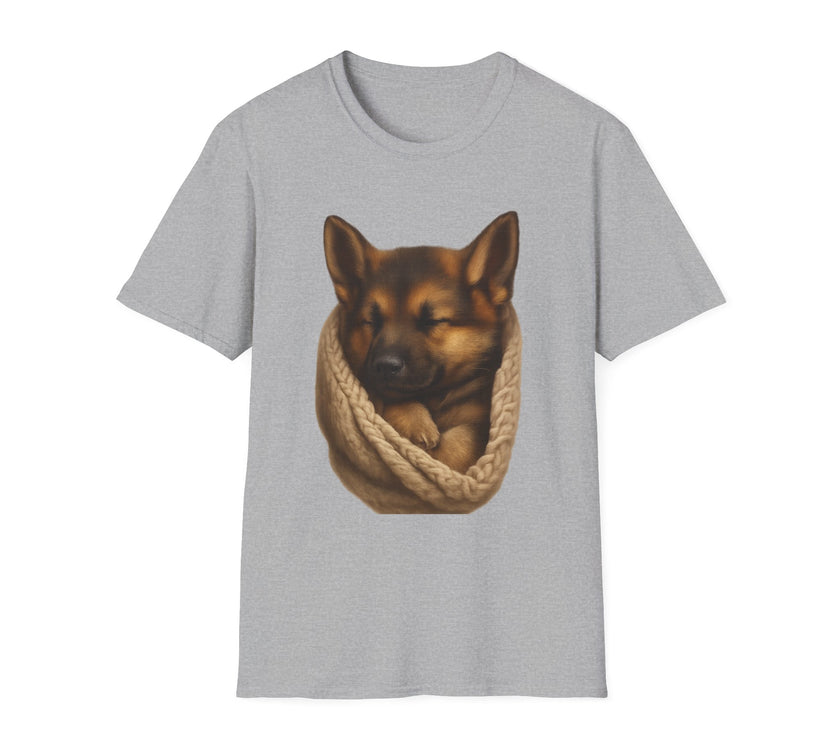 Gray t-shirt with a dog and knitted scarf design on a white background